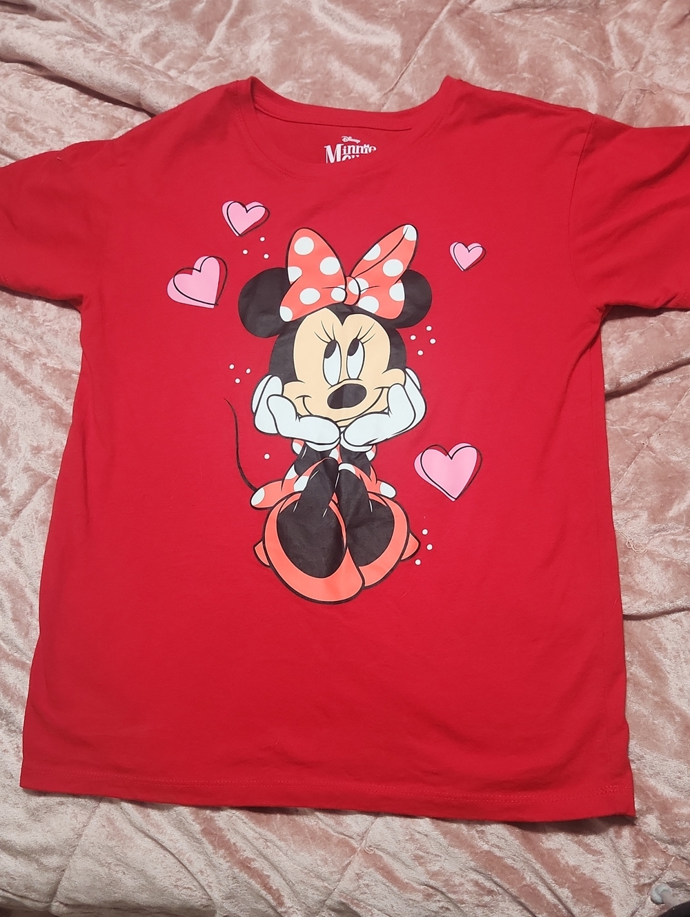 Disney Red Minnie Mouse Graphic Tee with Pink Hearts L 10/12